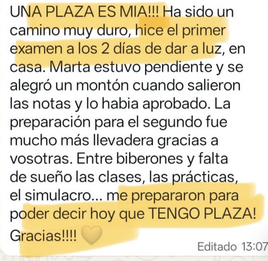 Testimonio de una alumna: una plaza es mía, hice el primer examen a los dos días de dar a luz y hoy tengo plaza.