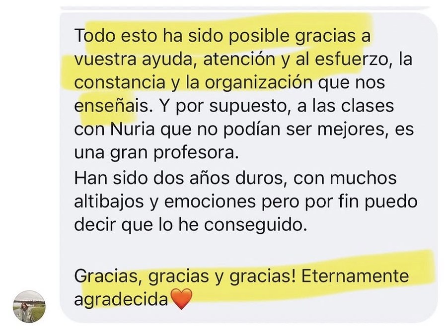 Testimonio de una alumna: todo ha sido posible gracias a vuestra ayuda y organización; eternamente agradecida.